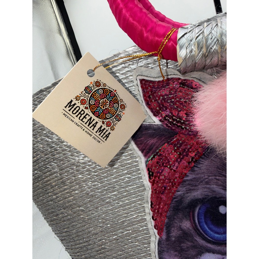 Morena Mia Mexican Handmade Straw Tote Bag Silver Pink Cat Sequin Pom Pom NEW - Picture 3 of 9